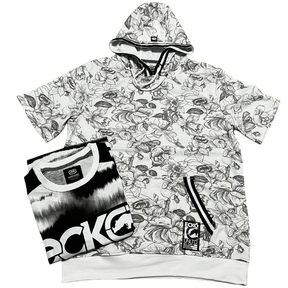 Ecko Unlimited men's 2 t-shirt bundle short sleeve hoodie shirt gray white large